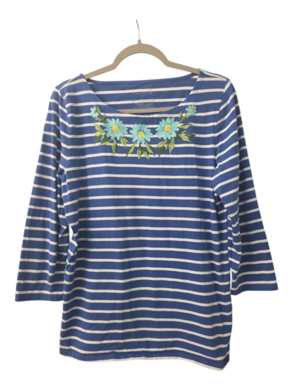 Talbots Womens Striped Floral Embroidered 3/4 Sleeve Top L Blue